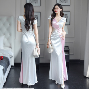 夜店新款 性感技师气质按摩连衣裙晚礼服沐足开叉长裙显瘦撞色=女