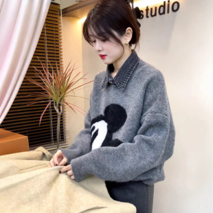 大米奇刺绣毛衣女202春季 高级感翻领牛仔拼接软糯百搭针织 冬新款