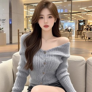 显瘦短上衣 女纯欲气质露肩修身 5071性感辣妹风灰色V领针织开衫