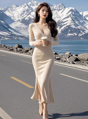 DLGT5861温柔优雅气质V领长袖连衣裙女高级感修身御姐范开衩长裙