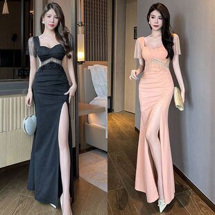 气质高级感流苏开叉包臀连衣裙 2025女装 夏季 欧美显瘦修身