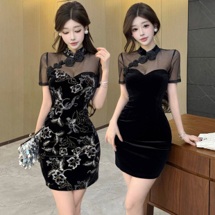 感小黑裙气质名媛御姐性感网纱拼接丝绒黑色连衣裙修身 包臀裙短裙