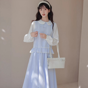 春季学生少女新中式套装清新甜美蓝色格子娃娃领上衣半身裙两件套