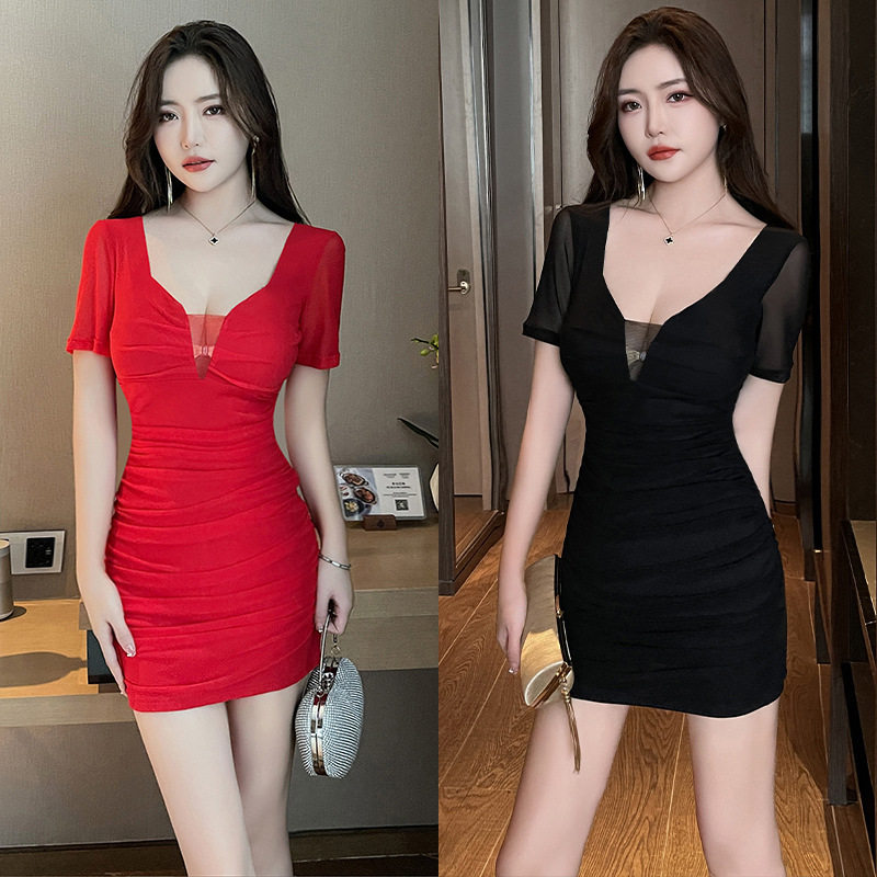 夜总会性感大码女装V领短袖连衣裙秋新款气质收腰显瘦紧身包臀裙