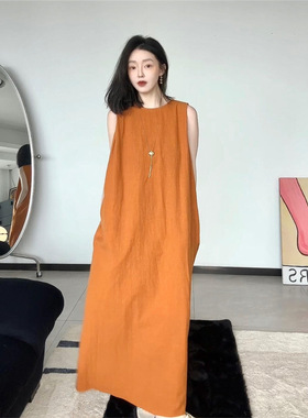 夏季新款时尚韩版梨形身材穿搭宽松休闲减龄百搭橙色无袖连衣裙女