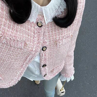 法式赫本风粗花呢粉色外套洋气减龄小个子炸街上衣2025春季新款潮