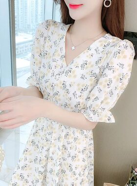 短袖雪纺连衣裙子女夏季ins超仙学生V领森系碎花仙女长裙清新甜美