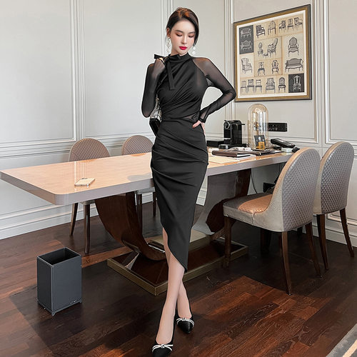 2026春装新款女欧美风性感炸街网纱拼接修身不规则包臀连衣裙5576