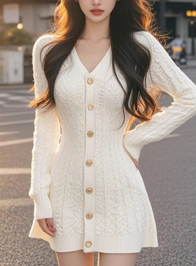 DLGT5669韩系温柔风V领单排扣连衣裙女优雅气质御姐范显瘦a字短裙