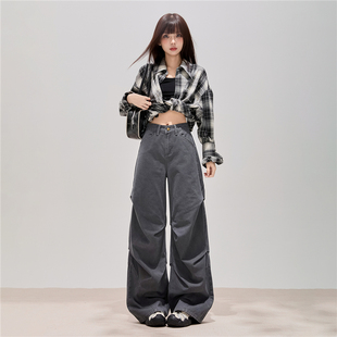 男女同款 早春纯棉工装 女宽松褶皱拼接松弛感个性 休闲阔腿牛仔裤 裤