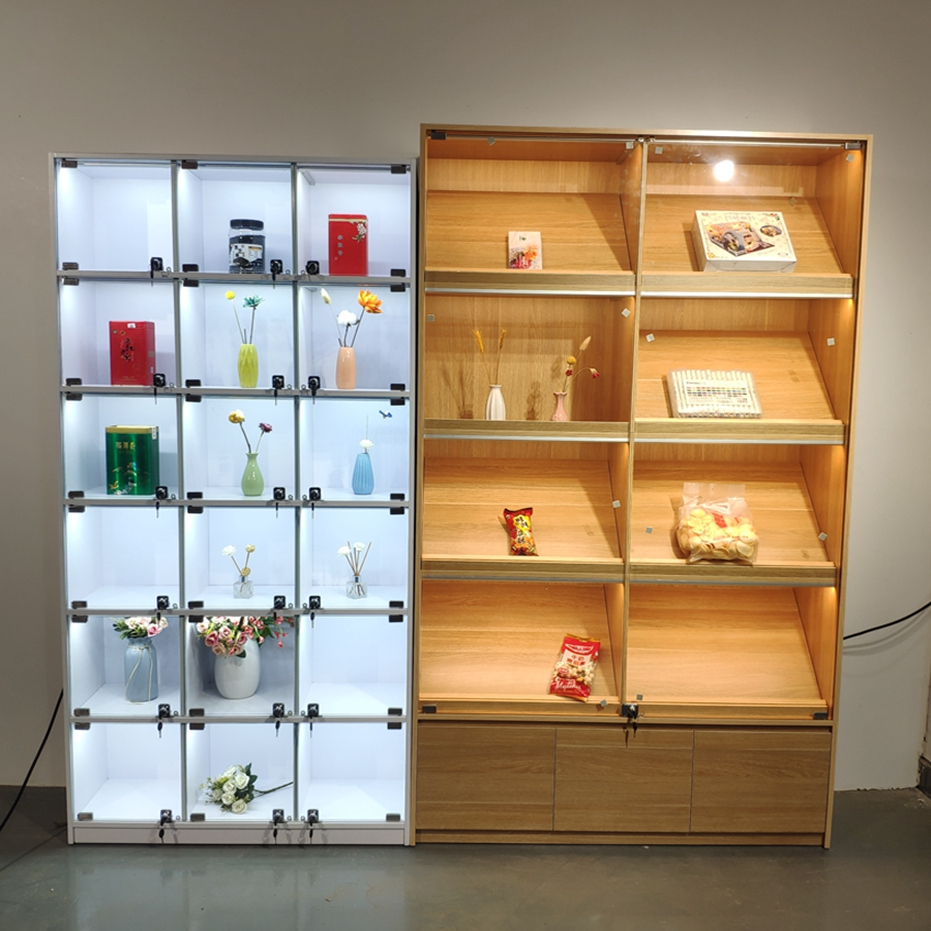 手办摆件玻璃柜吧唧木制透明组合格子柜带门灯香港格仔店铺展示柜