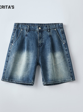 APO男装|跨境水洗牛仔短裤男夏季宽松直筒美式百搭潮牌复古五分裤