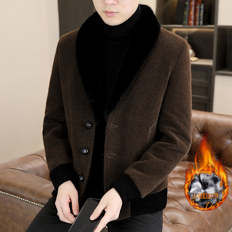 毛呢大衣男潮流秋冬季加绒加厚夹克外套青年休闲貂绒短款西装风衣