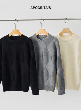 apo男装|跨境男士毛衣感秋季宽松圆领慵懒老钱风撞色针织衫潮
