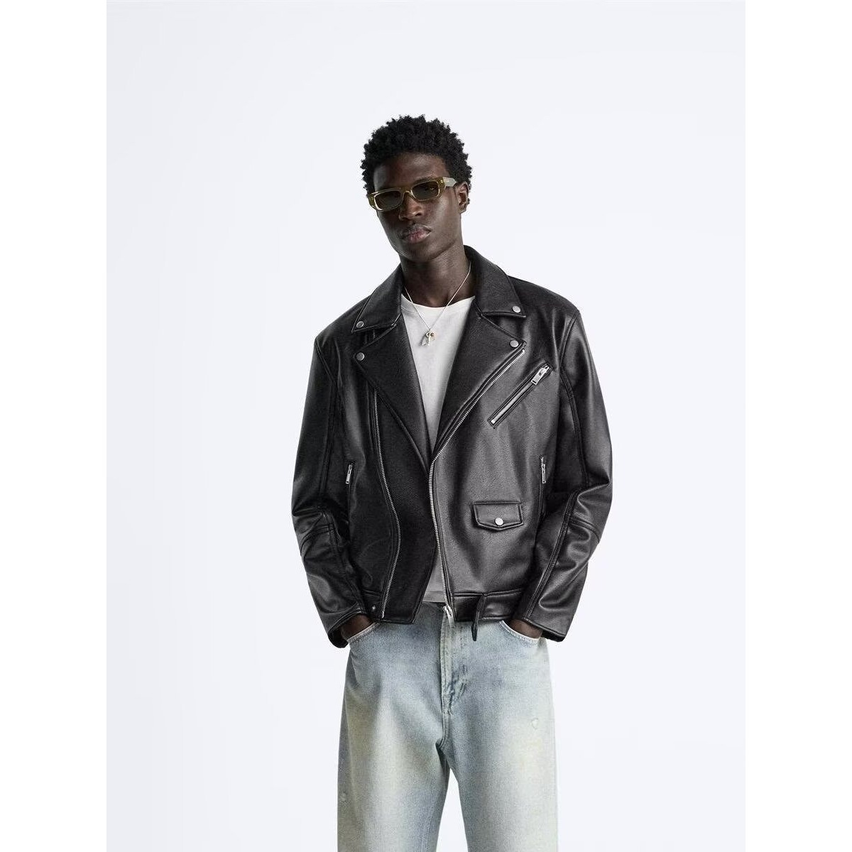 时尚2025春秋季新品男装欧美风翻领长袖PU仿皮机车款潮款夹克外套