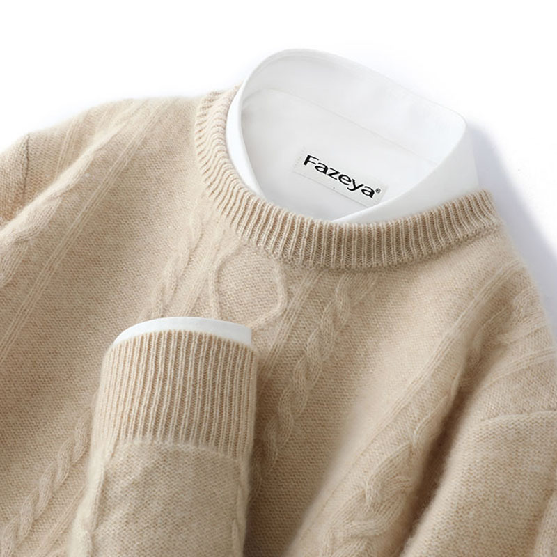 新款羊毛衫男士圆领毛衣扭花羊绒衫商务休闲加厚针织打底衫秋冬