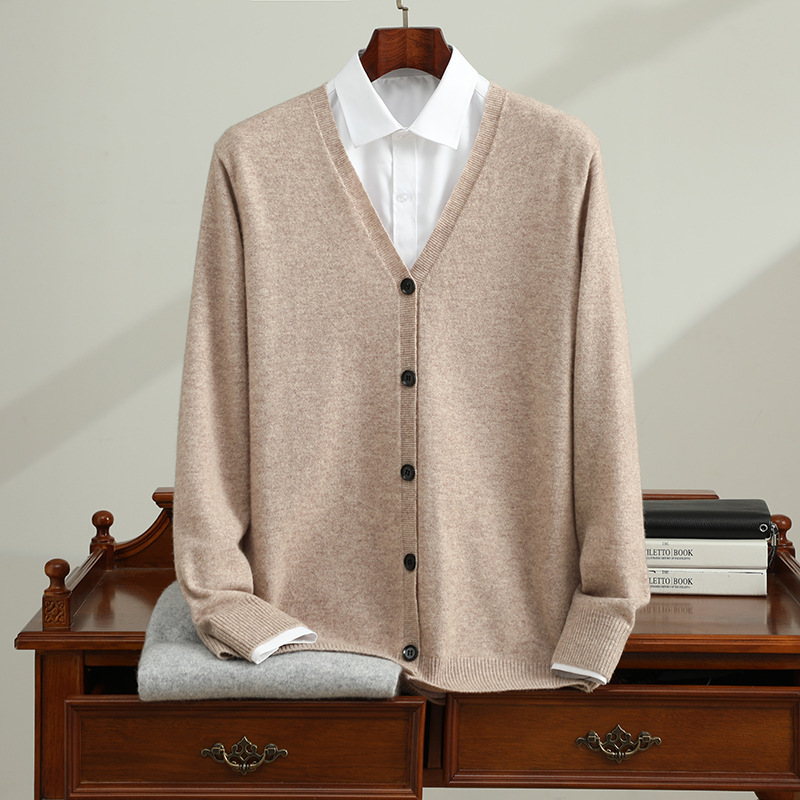 秋冬新款12针V领开衫男士羊绒开衫轻商务纯色青年针织外套针织衫