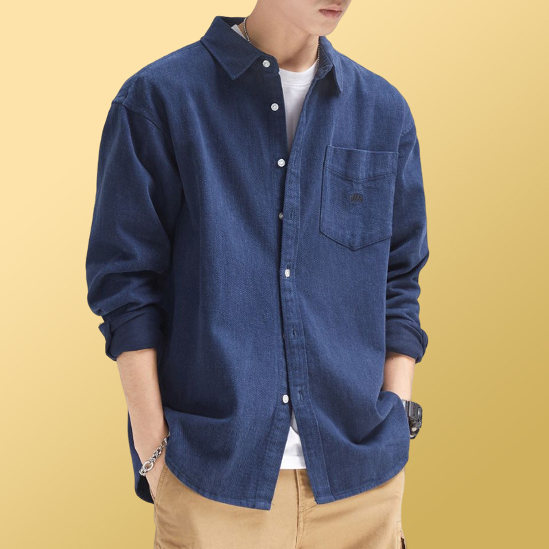香港牛仔衬衫男春秋款休闲衬衫长袖卡其色工装外套内搭潮