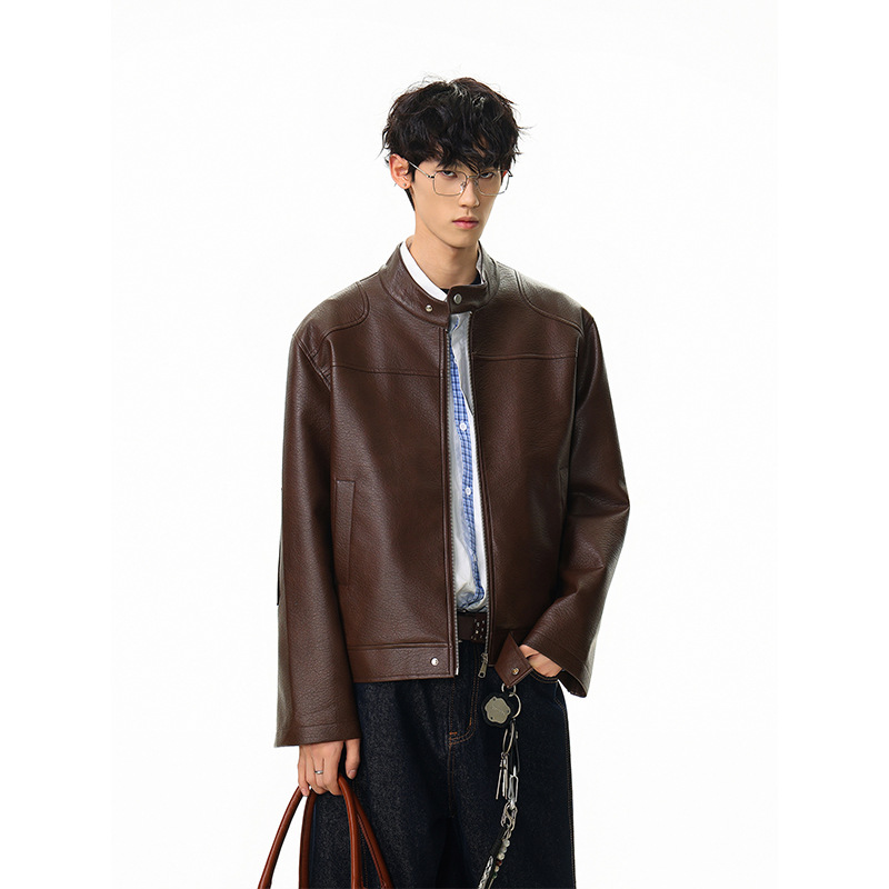 2025新款美式复古短款机车皮衣男女宽松痞帅立领PU皮夹克外套潮