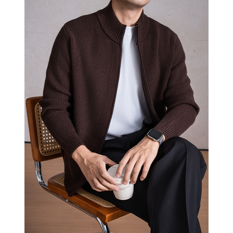 时尚双拉链针织外套男士秋冬新款元宝针加厚立领开衫粗针毛衣男装