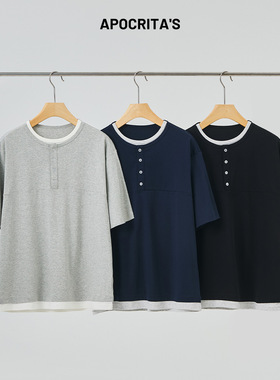 APO男装 |跨境男士假两件短袖T恤夏季百搭宽松撞色亨利领内搭上衣