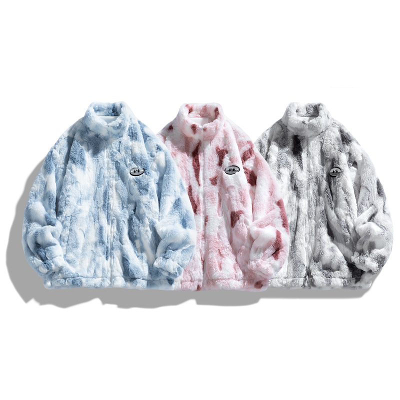 定制批发秋冬新款兔毛绒外套男女同款保暖时尚宽松立领情侣绒夹克