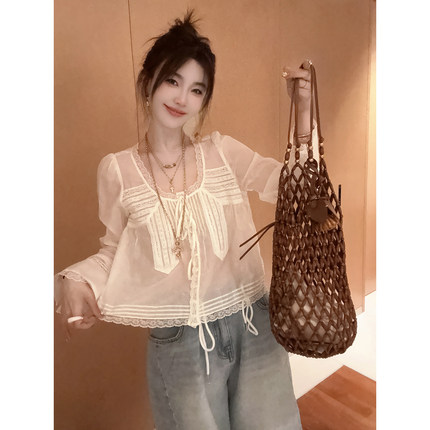 CC大彤彤 真丝蕾丝娃娃领桑蚕丝轻薄宽松显瘦衬衫上衣女2026新款