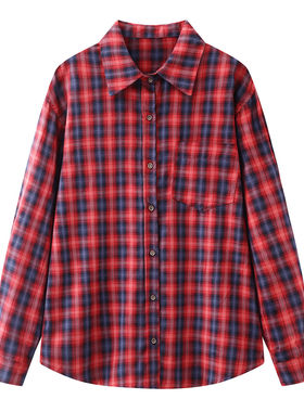 2026春季女通勤百搭宽松休闲韩版红色格子全棉长袖衬衫4H1120611