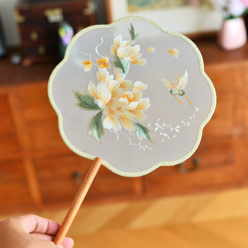 双面长柄刺绣汉服团扇手工