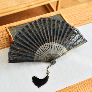 黑色性感双层蕾丝折扇旗袍舞蹈走秀跳舞女式 随身拍照竹制折叠扇子