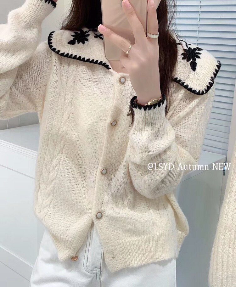 娃娃领开衫百搭锈花针织