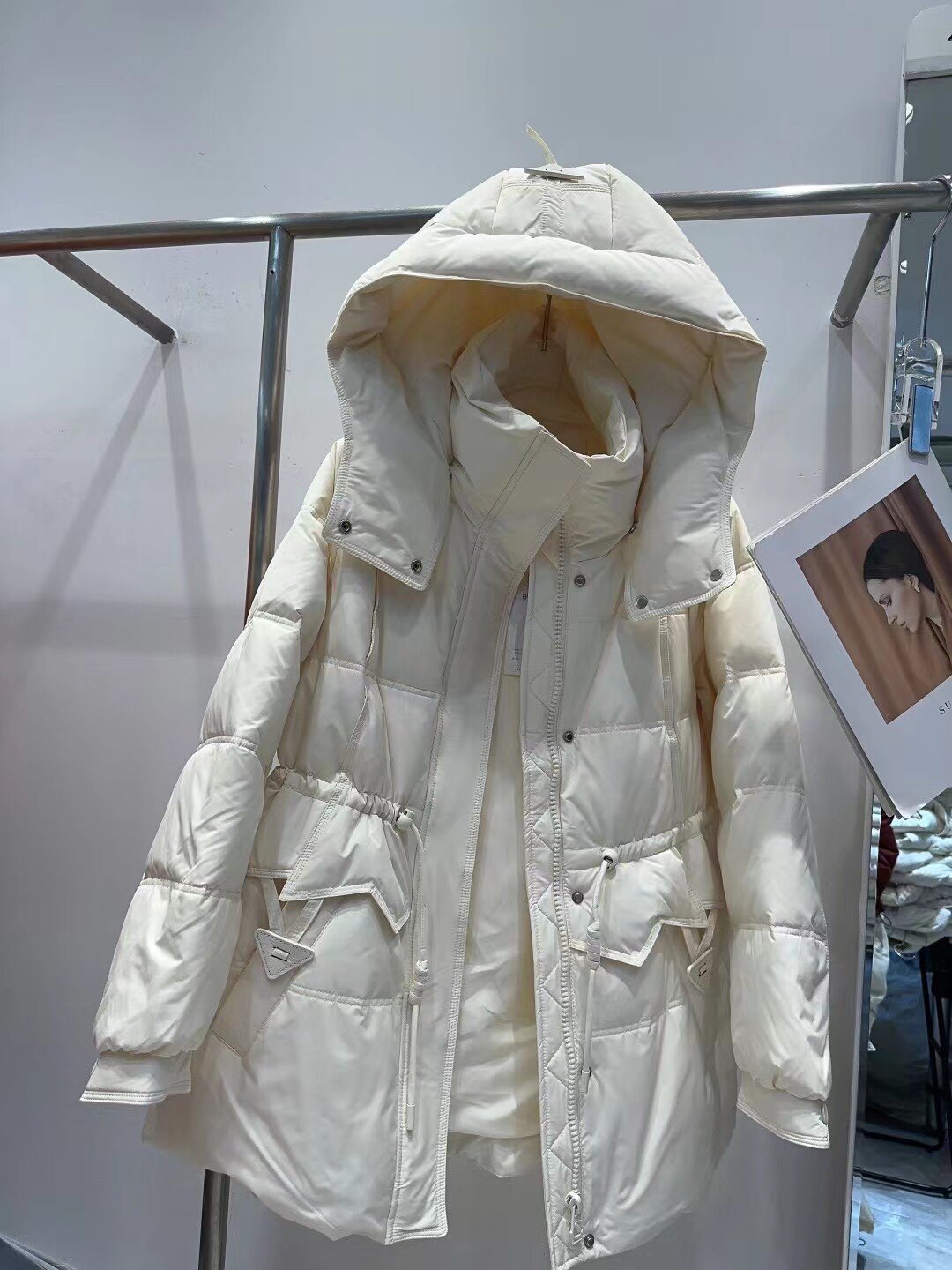欧洲站新羽绒服中长款连帽加厚收腰抽绳白鸭绒外套