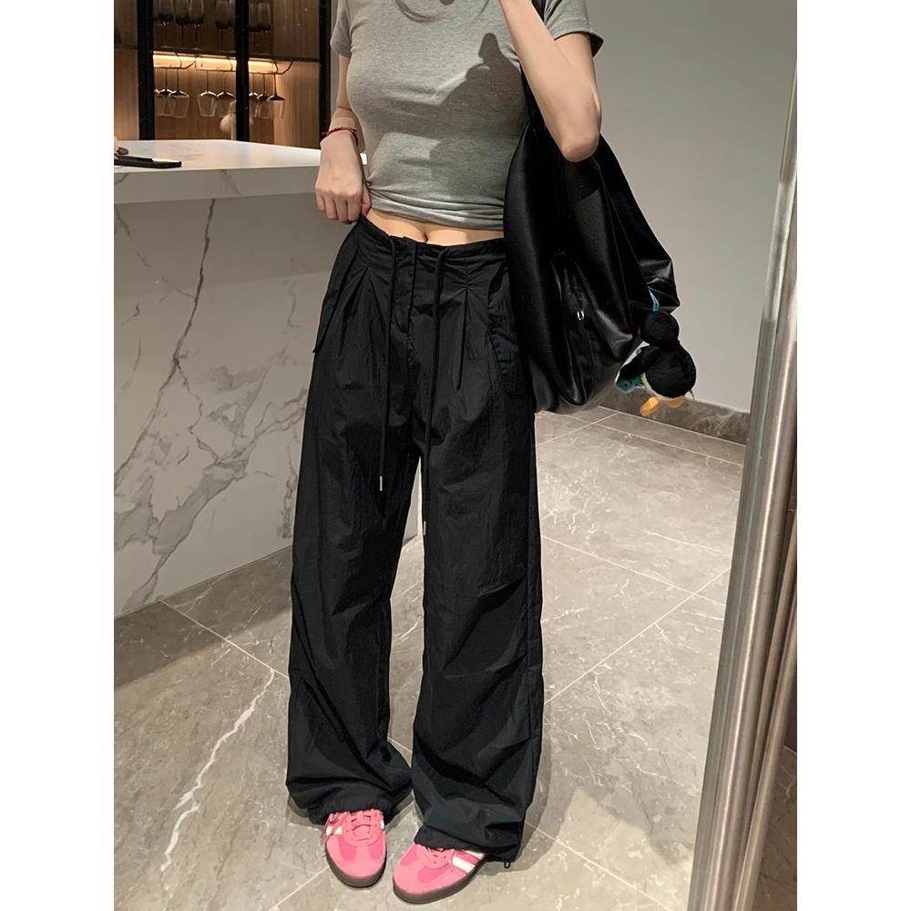 2024夏季新款美式工装裤女高腰显瘦休闲速干抽绳直筒裤降落伞裤