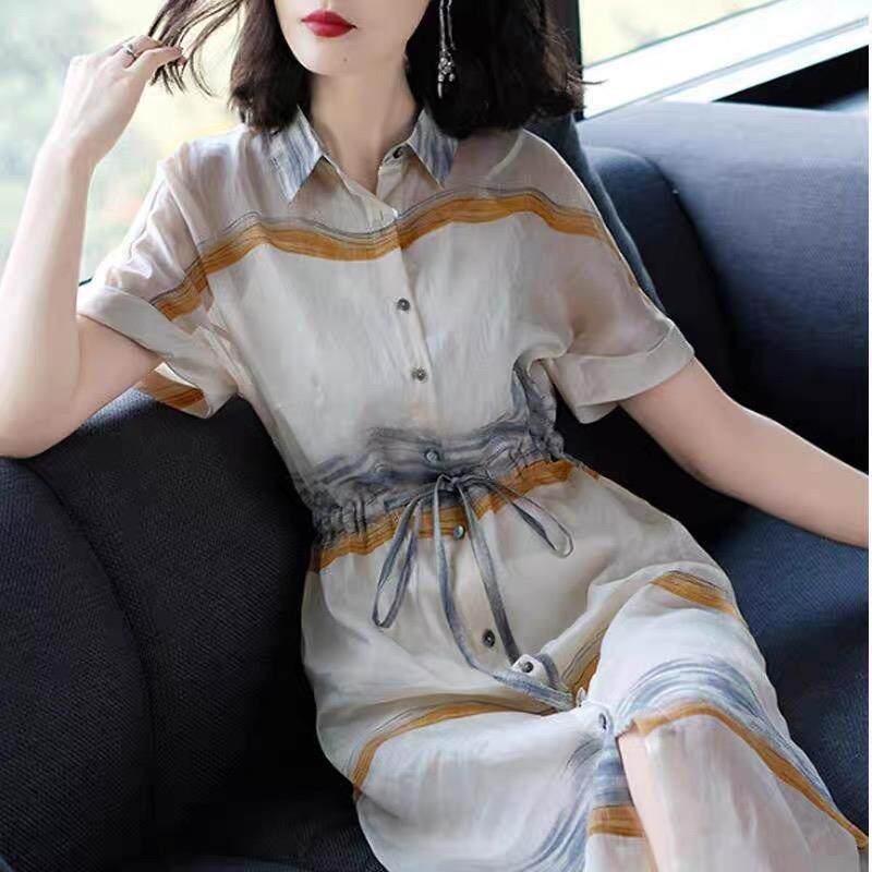 雪纺连衣裙女2025新款夏季高端气质修身时尚收腰显瘦高腰衬衫裙子