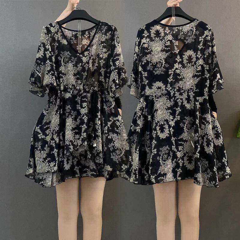 潮牌大码女装2024夏季胖mm设计感洋气碎花雪纺衫收腰显瘦短袖上衣