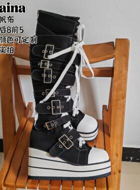 33-48大码女靴帆布靴绑带搭扣可定制增高厚底长靴朋克亚文化2417