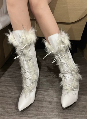 2025新款女士人造皮毛饰边及膝靴子超高跟毛领靴日系穿搭秋冬