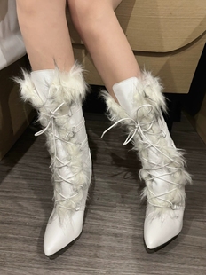 2025新款 女士人造皮毛饰边及膝靴子超高跟毛领靴日系穿搭秋冬