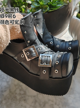 antaina铆钉松糕厚底鞋经典日常款朋克风增高绑带方头搭扣9239