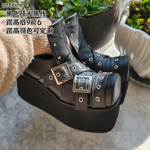 antaina铆钉松糕厚底鞋经典日常款朋克风增高绑带方头搭扣9239