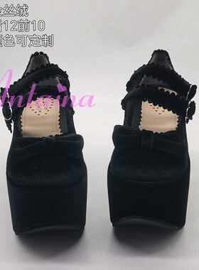 antaina蝴蝶结洛丽塔女鞋松糕厚底可定制黑色金丝绒一字扣带9137