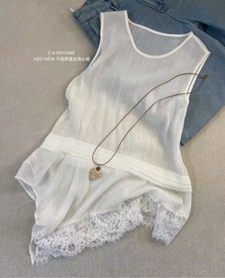 欧洲站2026早春新款高品质圆领无袖蕾丝拼接背心女款修身显瘦上衣