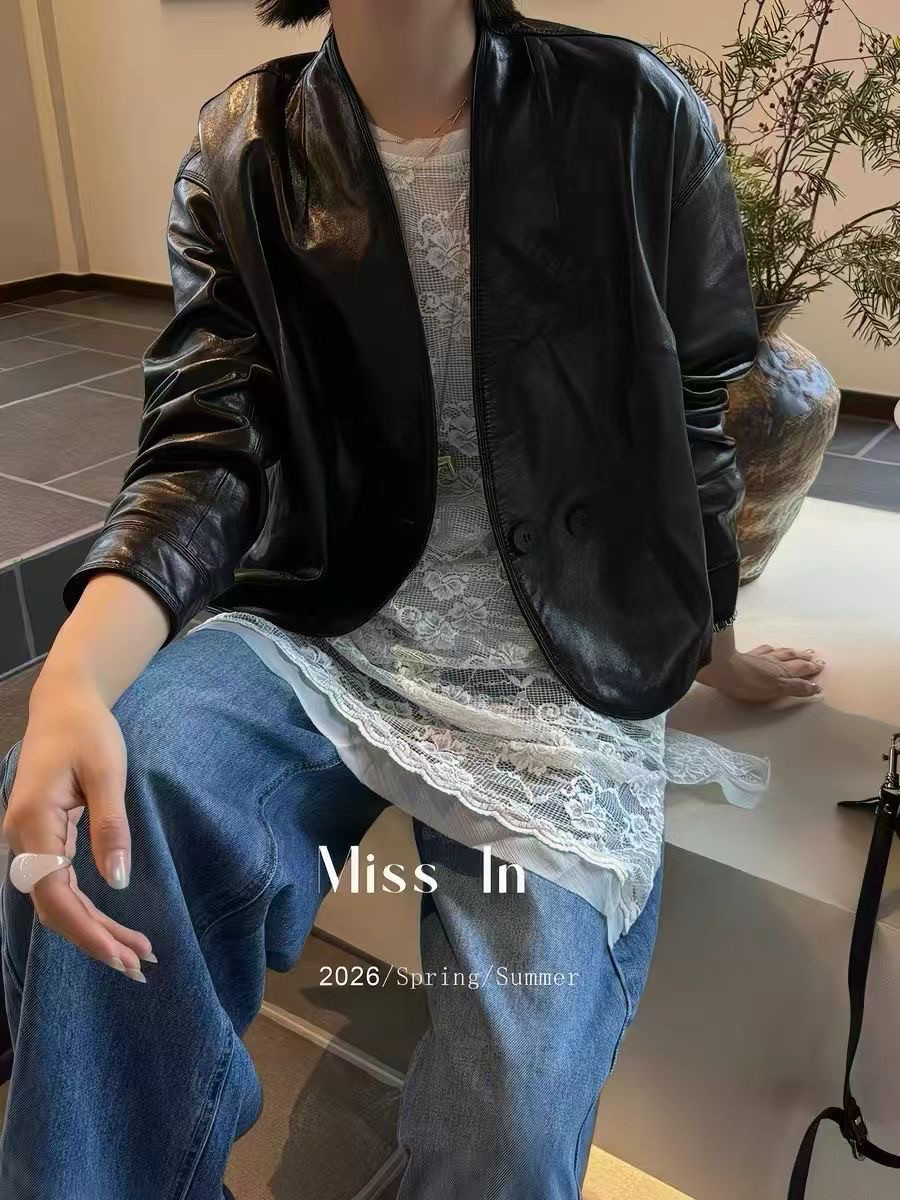 欧洲站2026早春新款油蜡皮v领单排扣皮衣外套女款宽松显瘦皮夹克