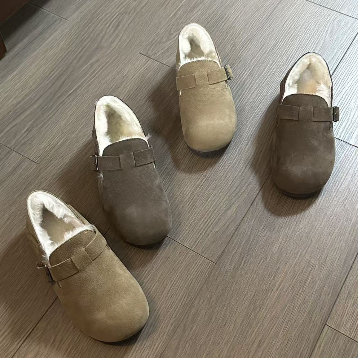 羊毛新款勃肯鞋磨砂牛皮一脚蹬平底鞋冬季上新加绒保暖棉鞋毛毛鞋