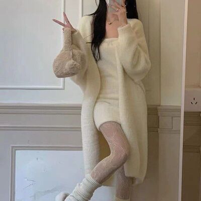 毛毛秋冬外套2023春秋慵懒宽松过膝中长款纯欲针织毛衣开衫外套女