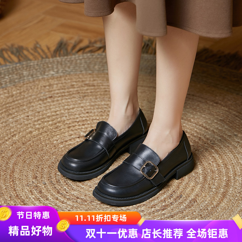2023职业新款春夏黑色圆头低跟单鞋真皮浅口粗跟纯色手工女鞋文艺