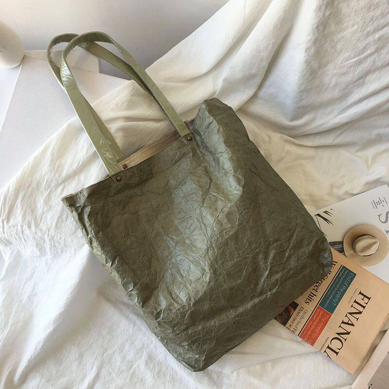 YoKo洋子家日式手作新款褶皱做旧牛皮纸袋杜邦纸托特包皮带帆布包