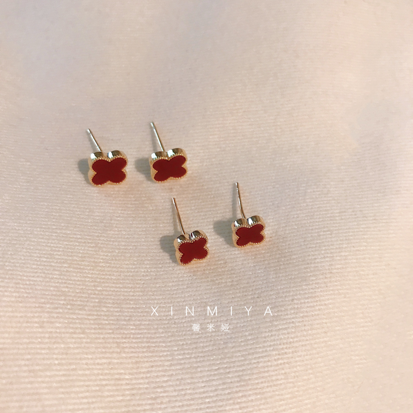 高级感精致红色幸运四叶花朵耳钉女2025新款爆款气质耳环独特耳饰