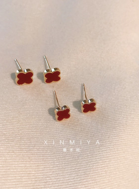 高级感精致红色幸运四叶花朵耳钉女2026新款爆款气质耳环独特耳饰