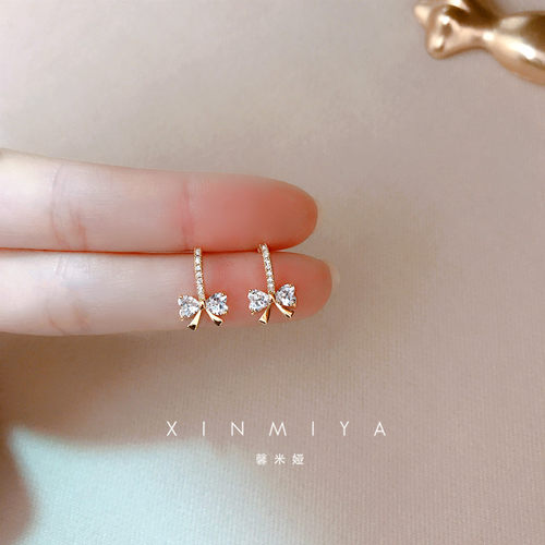 馨米娅纯银镀金女锆石蝴蝶结耳钉